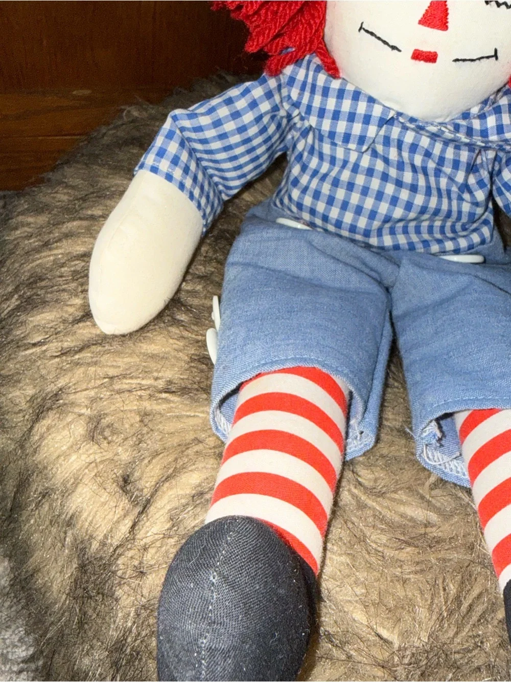 Raggedy Andy cloth tag doll red hair blue checkered shirt blue trousers 15”